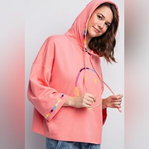 easel Pink Oversized Hoodie Rainbow Trim Smile Detail NWT L